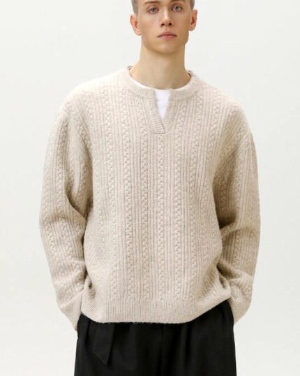 Notch-Neck Cable Knit Jumper | Zadinia