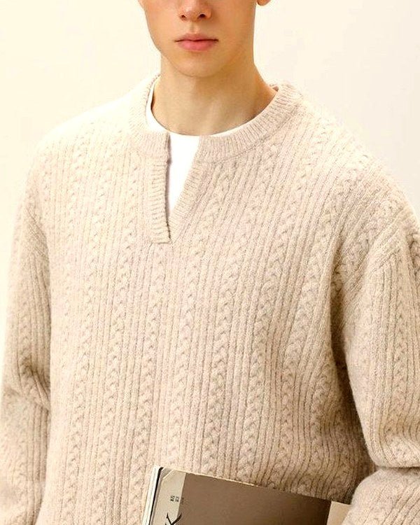 Notch-Neck Cable Knit Jumper | Zadinia
